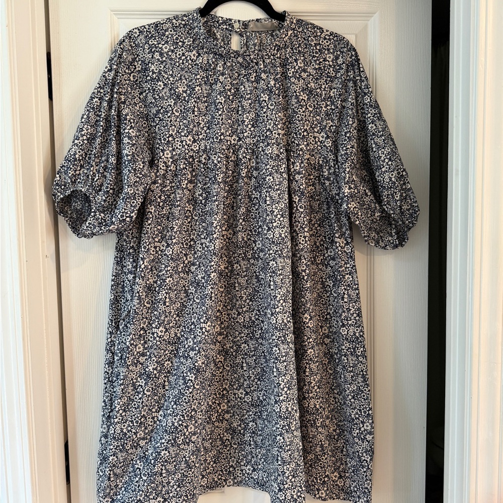 Everlane Shirred Mini Dress, Blue and White Floral Print - Picture 2 of 7